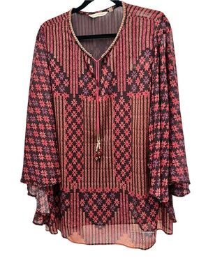 Soft Surroundings Floral & Stripe Sheer Tunic in Red and Black size L EUC